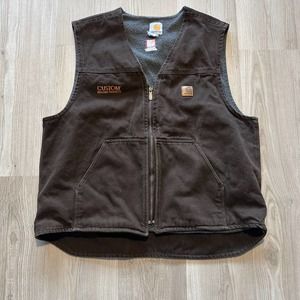 Men's Carhartt Dark Brown Fleece Lined Zip Up Duck Canvas Work Vest Jacket Sz XL